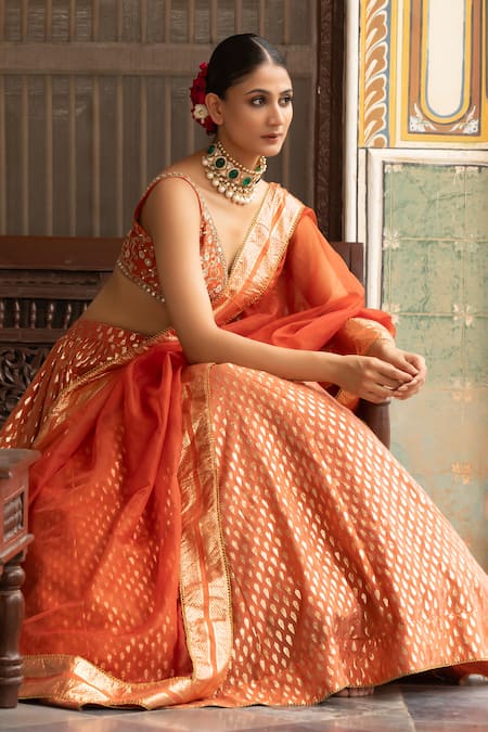 Neha Khullar_Rust Organza Mirrors, Zari Plunge Neck Orange Zardozi Work Lehenga Set _at_Aza_Fashions