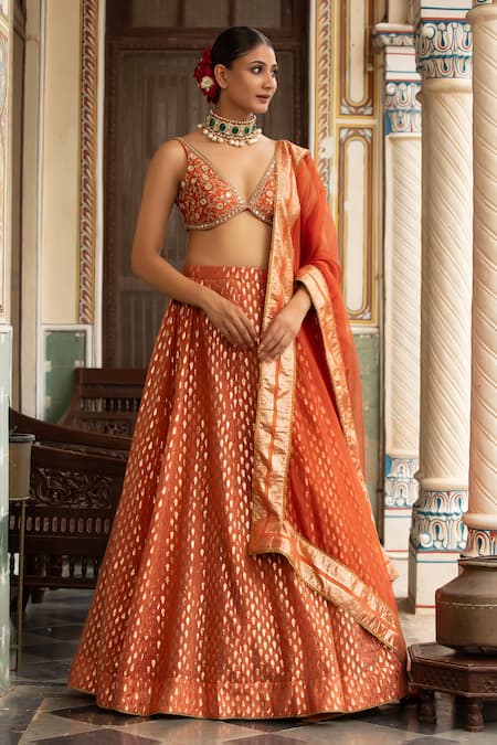 Buy_Neha Khullar_Rust Organza Mirrors, Zari Plunge Neck Orange Zardozi Work Lehenga Set 