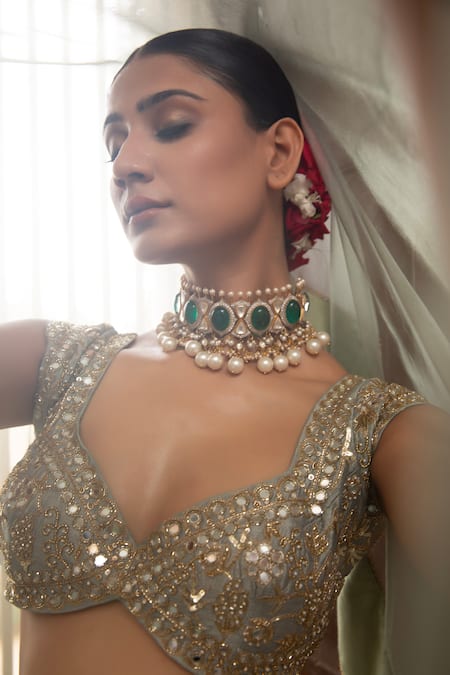Buy_Neha Khullar_Green Organza Mirrors, Zari Plunge Neck Zardozi Lehenga Set _Online_at_Aza_Fashions
