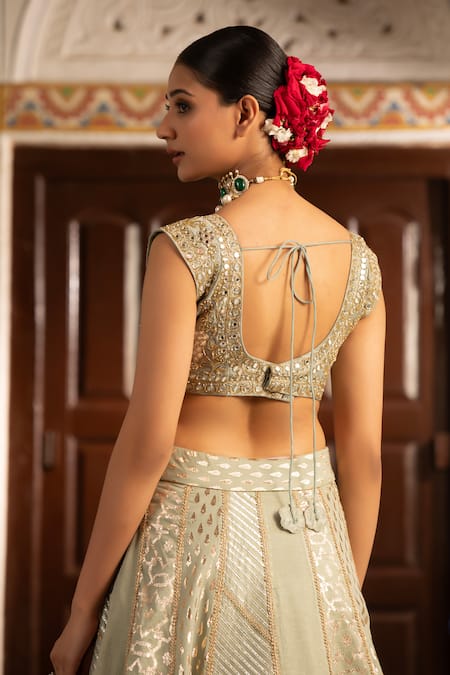 Shop_Neha Khullar_Green Organza Mirrors, Zari Plunge Neck Zardozi Lehenga Set 
