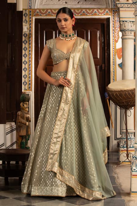 Neha Khullar Green Organza Mirrors, Zari Plunge Neck Zardozi Lehenga Set 