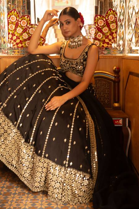 Buy_Neha Khullar_Black Mirrors, Zari Round Neck Zardozi Lehenga Set _Online_at_Aza_Fashions
