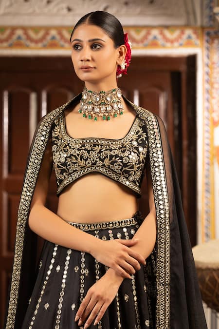 Shop_Neha Khullar_Black Mirrors, Zari Round Neck Zardozi Lehenga Set _Online_at_Aza_Fashions