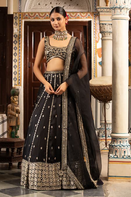 Neha Khullar Black Mirrors, Zari Round Neck Zardozi Lehenga Set 