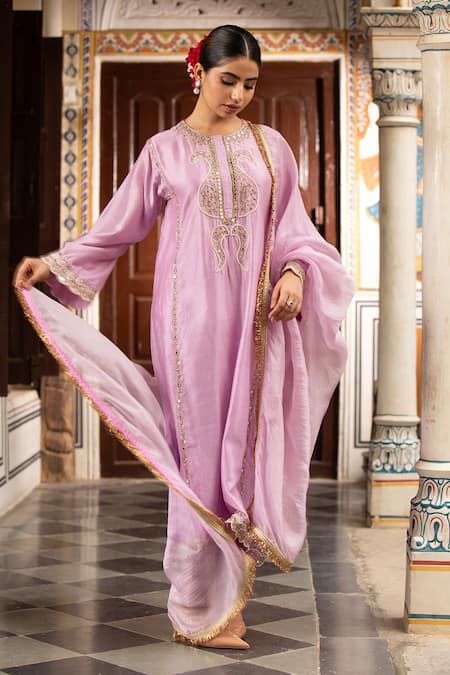 Shop Neha Khullar Purple Mirrors, Zari Round Neck Chanderi Work Kurta Set Online at Aza Fashions Shop_Neha Khullar_Purple Mirrors, Zari Round Neck Chanderi Work Kurta Set _Online_at_Aza_Fashions