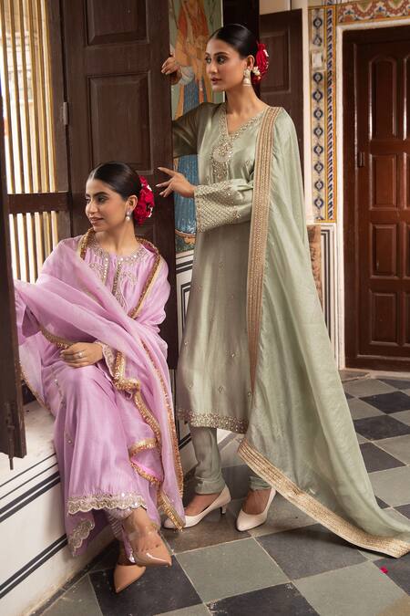 Neha Khullar Purple Mirrors, Zari Round Neck Chanderi Work Kurta Set at Aza Fashions Neha Khullar_Purple Mirrors, Zari Round Neck Chanderi Work Kurta Set _at_Aza_Fashions