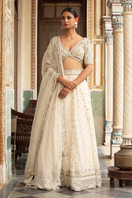 Neha Khullar Ivory Silk Mirrors, Zari V-neck Zardozi Work Lehenga Set 