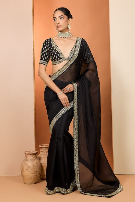 Neha Khullar Black Shantoon Mirrors, Zari V-neck Zardozi Saree With Blouse