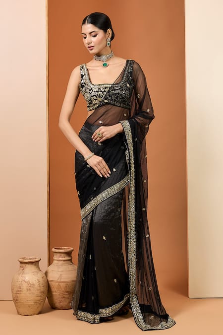Neha Khullar Black Embroidery, Mirrors, Zari Square Neck Zardozi Saree With Blouse 