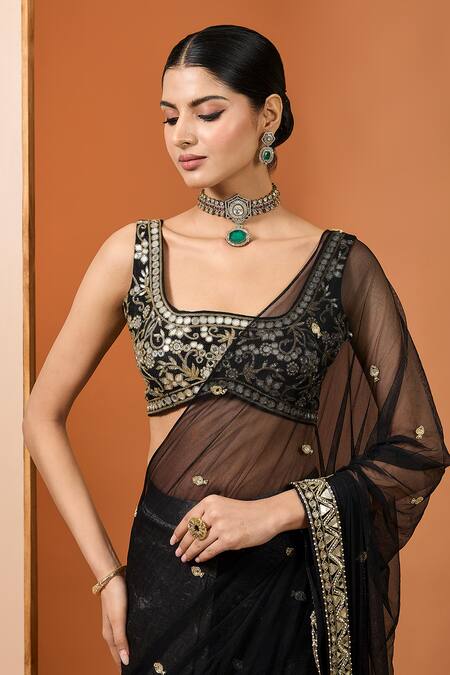Buy_Neha Khullar_Black Embroidery, Mirrors, Zari Square Neck Zardozi Saree With Blouse _Online_at_Aza_Fashions
