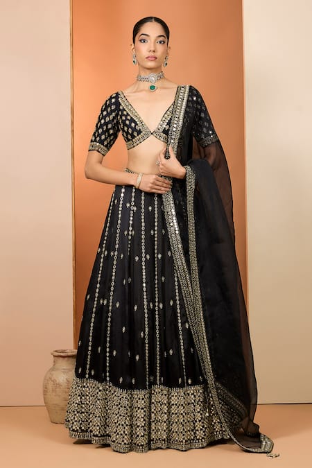 Neha Khullar Black Mirrors, Zari Plunge Neck Zardozi Work Lehenga Set 