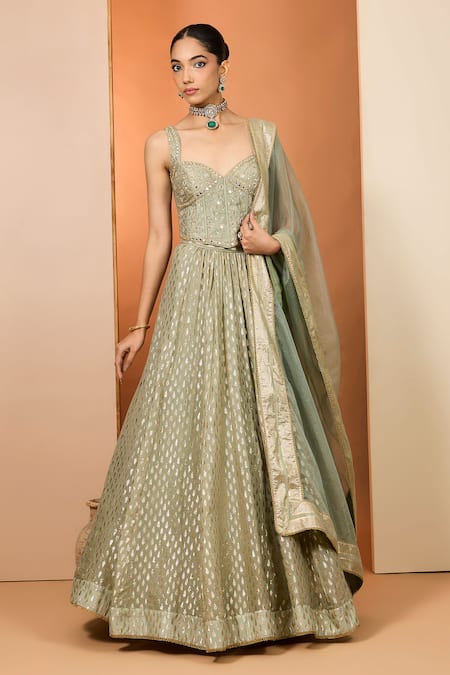 Neha Khullar Green Organza Mirrors, Zari Sweetheart Designer Banarasi Chanderi Lehenga Set 
