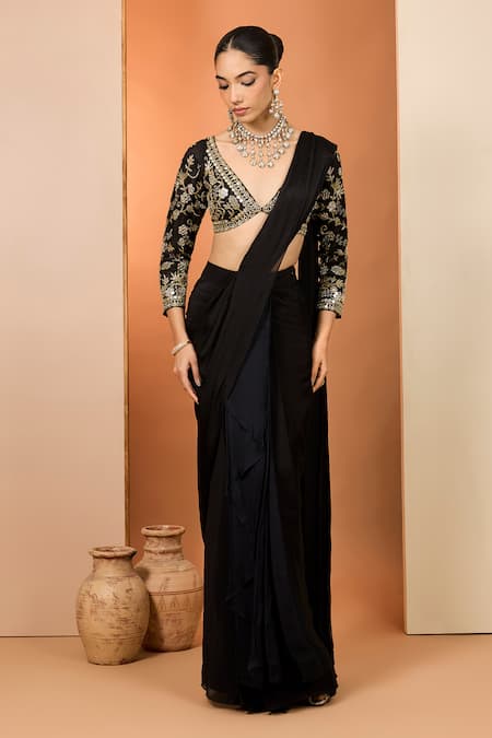 Neha Khullar Black Zari, Embroidery, Mirrors V-neck Zardozi Pre-draped Saree With Blouse 