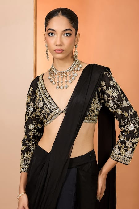 Neha Khullar_Black Zari, Embroidery, Mirrors V-neck Zardozi Pre-draped Saree With Blouse _Online_at_Aza_Fashions