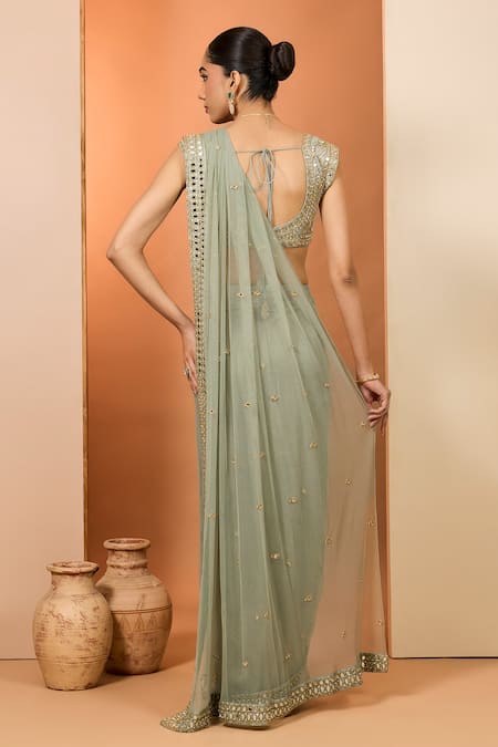 Neha Khullar Mirror Zardozi Green Pre-Draped Saree With Blouse 