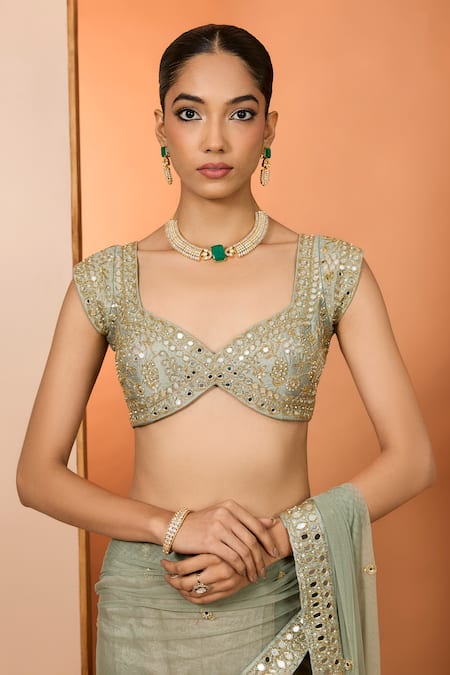 Neha Khullar_Green Zari, Embroidery Round Neck Mirror Zardozi Pre-draped Saree With Blouse _Online_at_Aza_Fashions