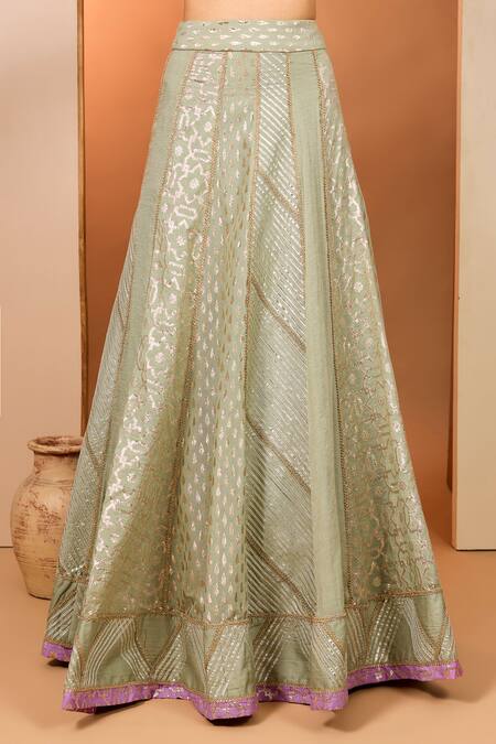 Neha Khullar_Green Mirrors, Zari Round Neck Zardozi Lehenga Set _Online_at_Aza_Fashions