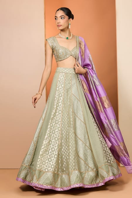 Neha Khullar Green Mirrors, Zari Round Neck Zardozi Lehenga Set