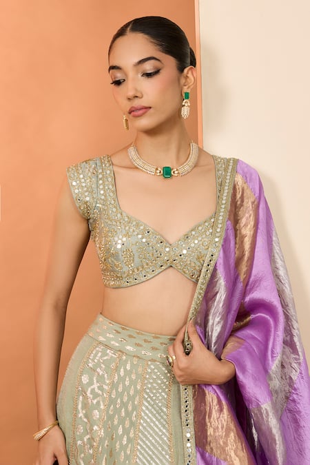 Buy_Neha Khullar_Green Mirrors, Zari Round Neck Zardozi Lehenga Set _Online_at_Aza_Fashions