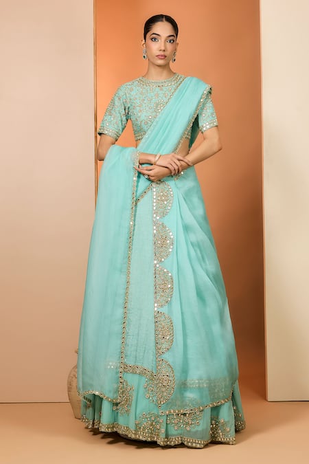Neha Khullar Sky Blue Zari, Mirrors Round Neck Zardozi Lehenga Set 
