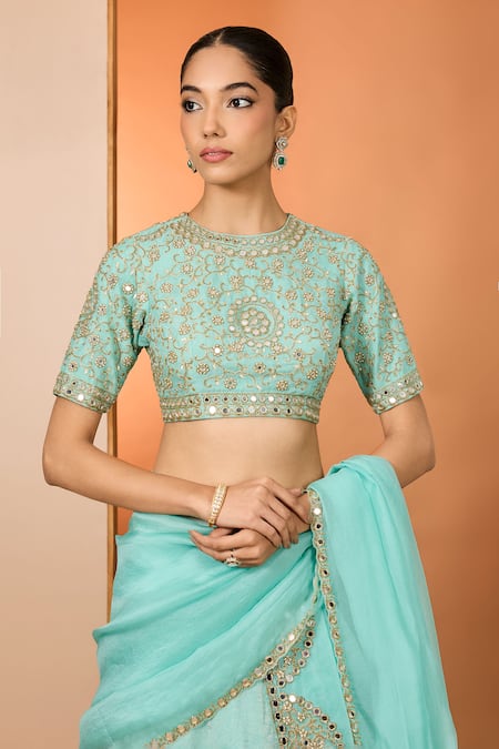 Buy_Neha Khullar_Sky Blue Zari, Mirrors Round Neck Zardozi Lehenga Set _Online_at_Aza_Fashions