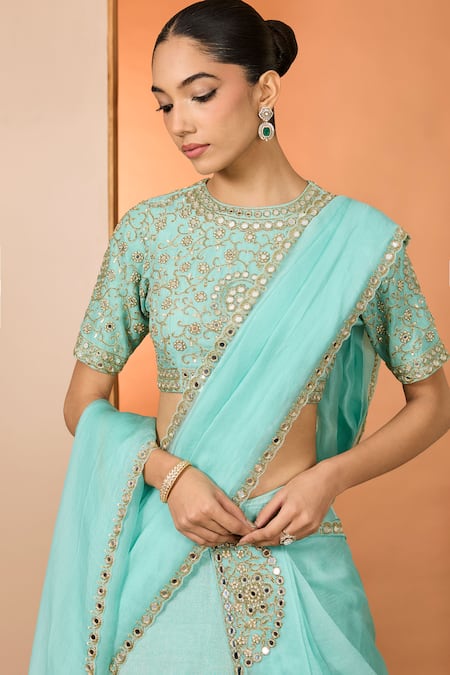 Shop_Neha Khullar_Sky Blue Zari, Mirrors Round Neck Zardozi Lehenga Set _Online_at_Aza_Fashions