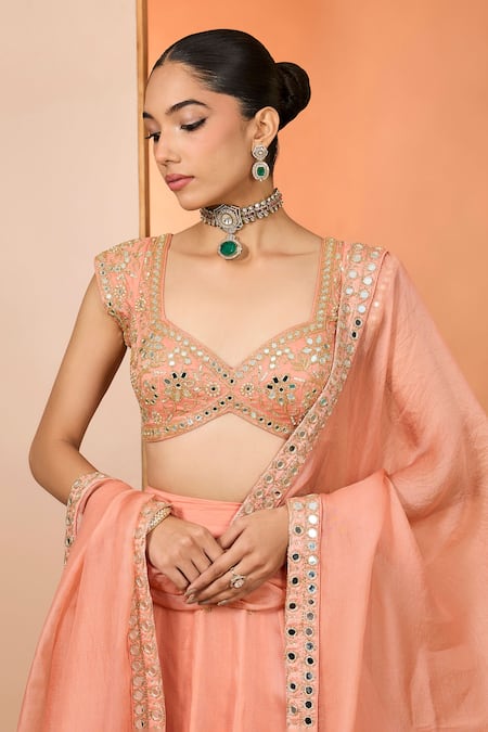 Shop_Neha Khullar_Orange Mirrors, Zari V-neck Designer Zardozi Lehenga Set _Online_at_Aza_Fashions