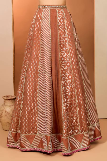 Buy_Neha Khullar_Orange Mirrors, Zari V-neck Zardozi Lehenga Set _Online_at_Aza_Fashions