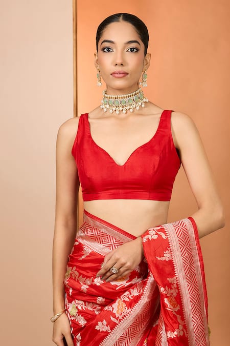 Neha Khullar_Red Embroidery Pure Silk Designer Saree With Unstitched Blouse _Online_at_Aza_Fashions