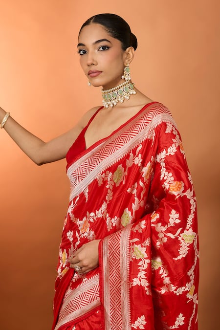 Buy_Neha Khullar_Red Embroidery Pure Silk Designer Saree With Unstitched Blouse _Online_at_Aza_Fashions