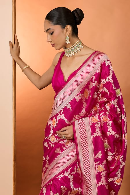 Neha Khullar_Pink Embroidery Rani Designer Saree And Unstitched Blouse Piece _Online_at_Aza_Fashions