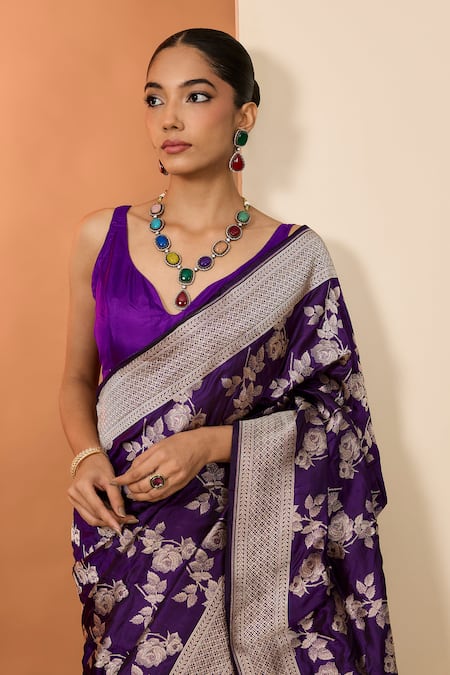 Buy_Neha Khullar_Purple Embroidery Designer Pure Silk Saree With Unstitched Blouse _Online_at_Aza_Fashions