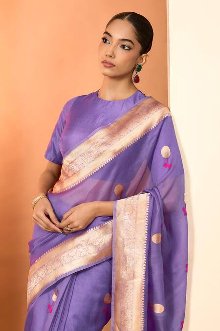 Buy_Neha Khullar_Purple Kora Organza Saree With Unstitched Blouse _Online_at_Aza_Fashions