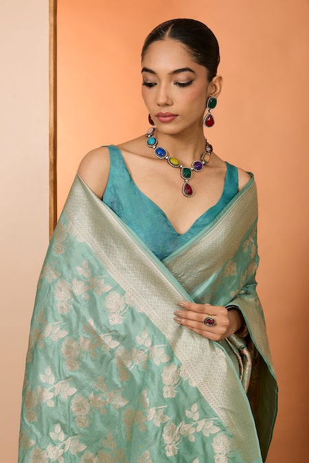 Buy_Neha Khullar_Green Designer Sea Silk Saree With Unstitched Blouse _Online_at_Aza_Fashions