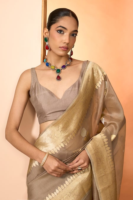 Buy Neha Khullar Brown Kora Organza Saree With Unstitched Blouse Piece Online at Aza Fashions Buy_Neha Khullar_Brown Kora Organza Saree With Unstitched Blouse Piece _Online_at_Aza_Fashions