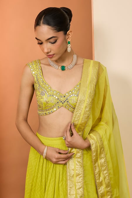 Shop_Neha Khullar_Yellow Organza Mirrors, Zari Plunge Neck Olive Banarasi Chanderi Lehenga Set _Online_at_Aza_Fashions