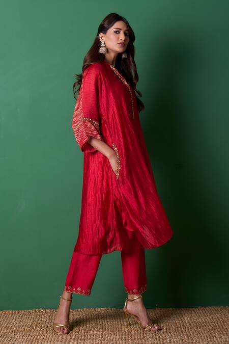 Buy_Priti Prashant_Red Silk Embroidery Split V-neck Radiance Kurta And Pant Co-ord Set _Online_at_Aza_Fashions