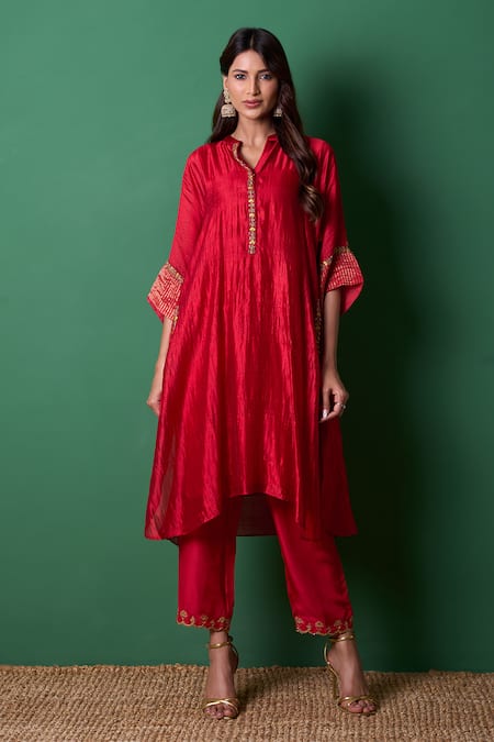 Buy_Priti Prashant_Red Silk, Organza Embroidery Collared Radiance Kurta Set With Dupatta _Online_at_Aza_Fashions