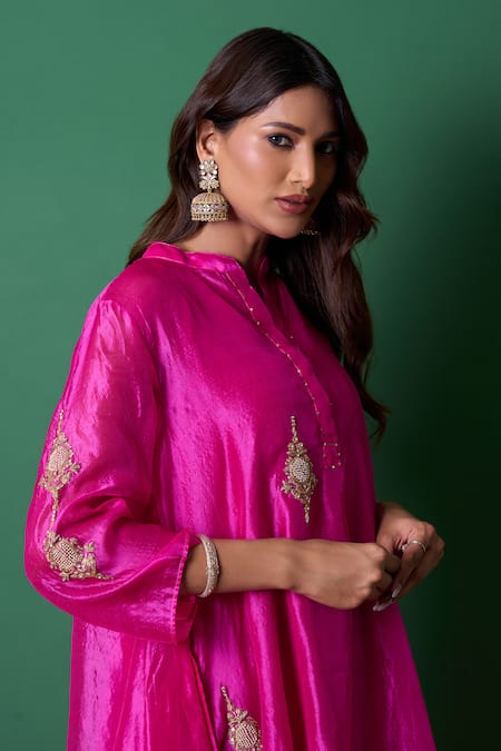 Buy_Priti Prashant_Pink Silk, Organza Embroidery, Zari Round Neck Paradise Kurta Set With Dupatta 