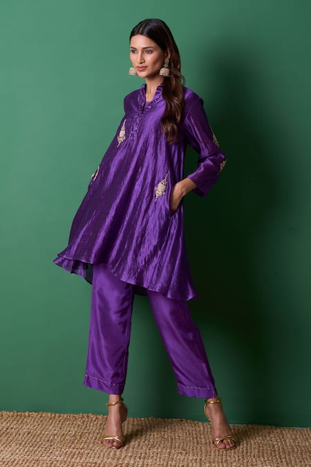 Priti Prashant_Purple Silk Embroidery Collared Paradise Kurta Set _Online_at_Aza_Fashions