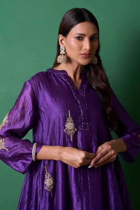 Shop_Priti Prashant_Purple Silk Embroidery Collared Paradise Kurta Set _Online_at_Aza_Fashions