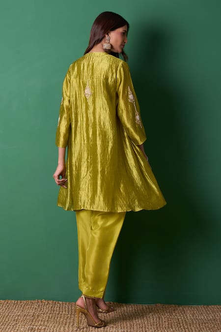 Priti Prashant Mehendi Green Silk Kurta Pant Set 