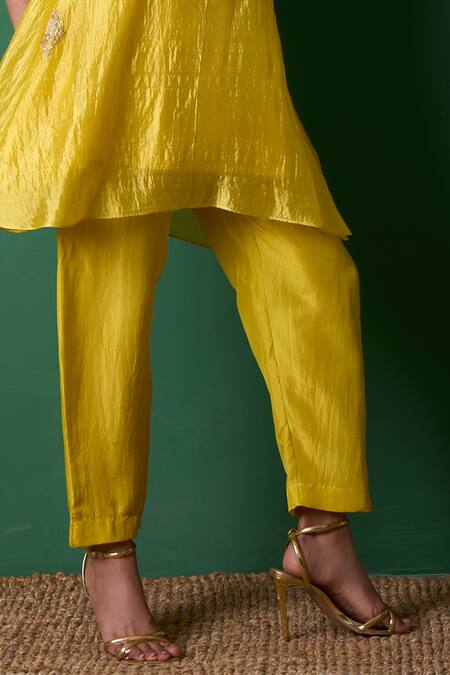 Shop_Priti Prashant_Yellow Silk Round Neck Paradise Kurta Set _Online_at_Aza_Fashions