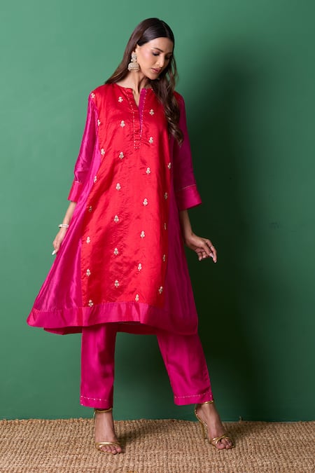 Shop_Priti Prashant_Pink Silk, Organza Embroidery Round Neck Delight Red Kurta Set With Dupatta _Online_at_Aza_Fashions