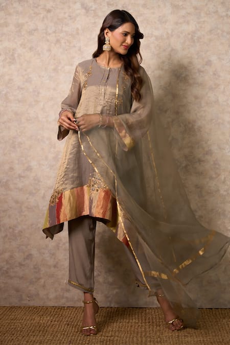 Priti Prashant_Gray Tissue, Crepe Embroidery Round Neck Zing Grey Kurta Set _Online_at_Aza_Fashions