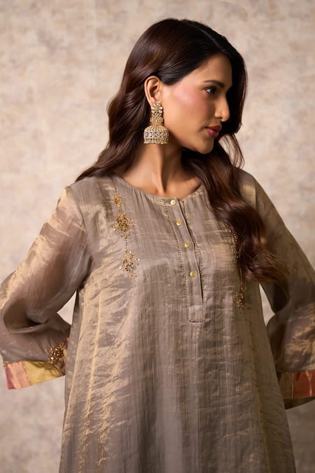 Priti Prashant_Gray Tissue, Crepe Embroidery Round Neck Zing Grey Kurta Set _at_Aza_Fashions
