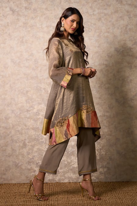 Buy_Priti Prashant_Gray Tissue, Crepe Embroidery Round Neck Zing Grey Kurta Set 