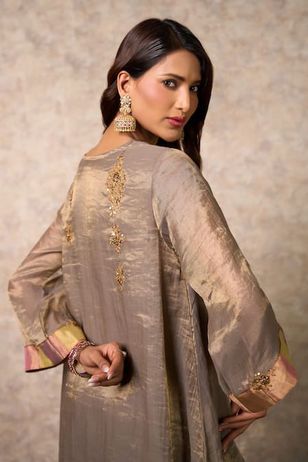 Shop_Priti Prashant_Gray Tissue, Crepe, Organza Embroidery Round Zing Grey Kurta Set With Dupatta _Online_at_Aza_Fashions