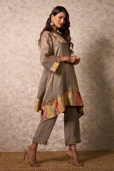 Buy_Priti Prashant_Gray Tissue, Crepe, Organza Embroidery Round Zing Grey Kurta Set With Dupatta 