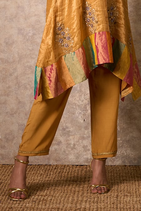 Buy_Priti Prashant_Yellow Tissue, Crepe Embroidery Round Neck Zing Ochre Kurta Set _Online_at_Aza_Fashions